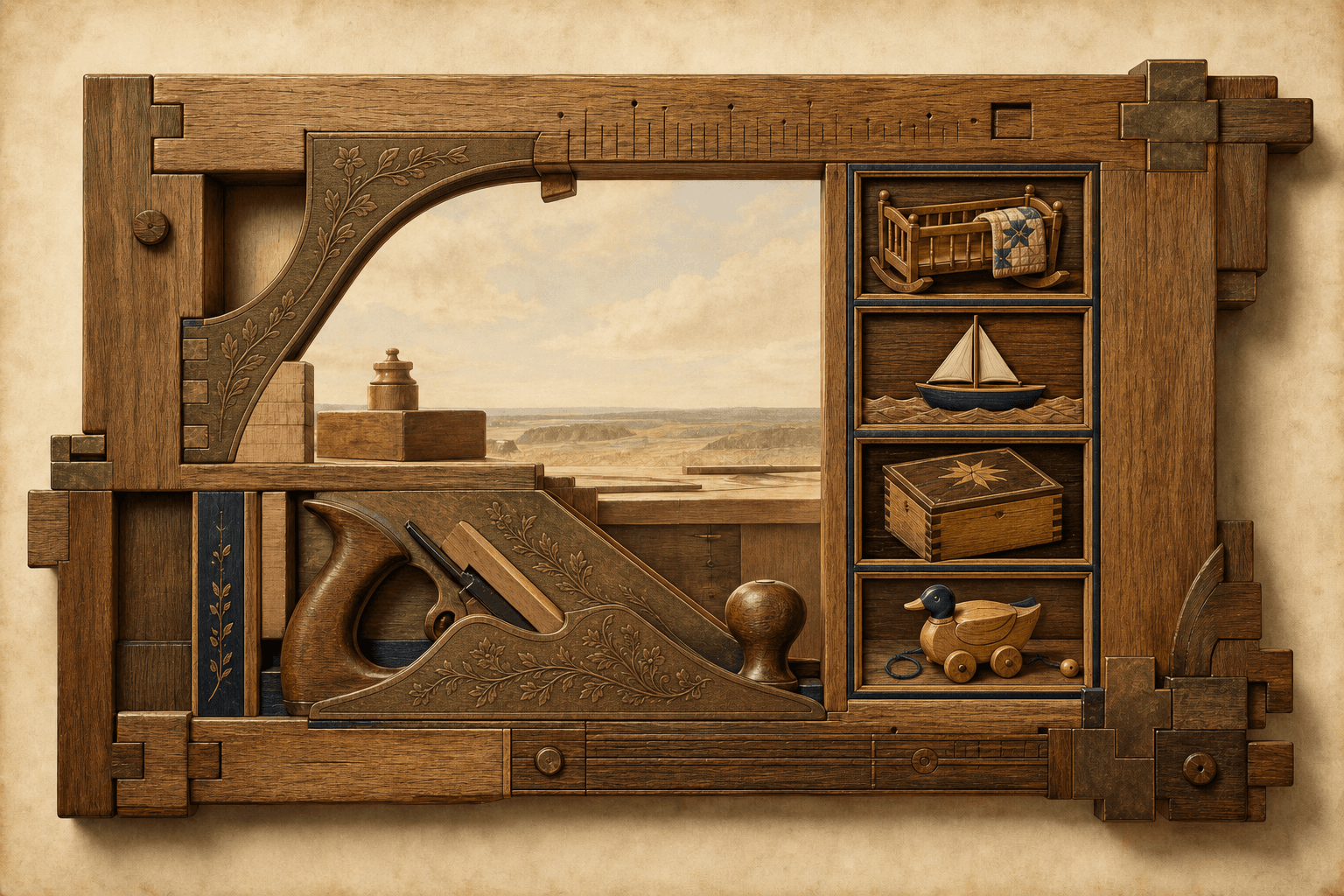Finished illustrative craftsmanship study with an aged-oak joinery frame, engraved hand plane, workshop horizon, and four crafted family objects