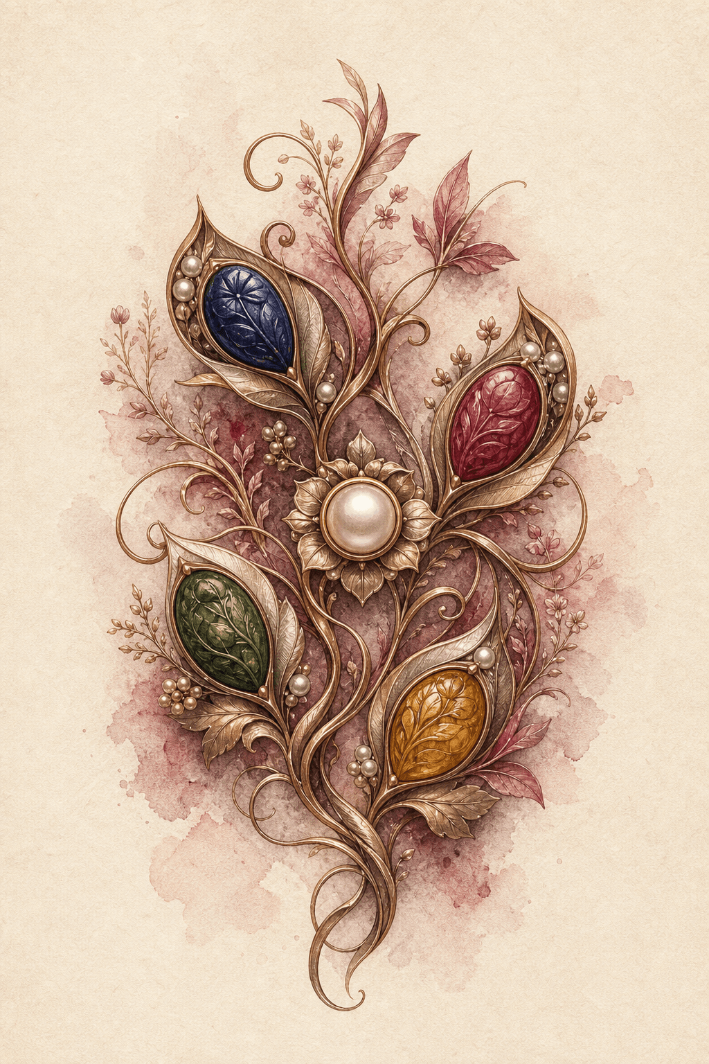 Finished illustrative family-members study with four distinct carved stones integrated into one interwoven ivory, rose, pearl, and bronze botanical structure