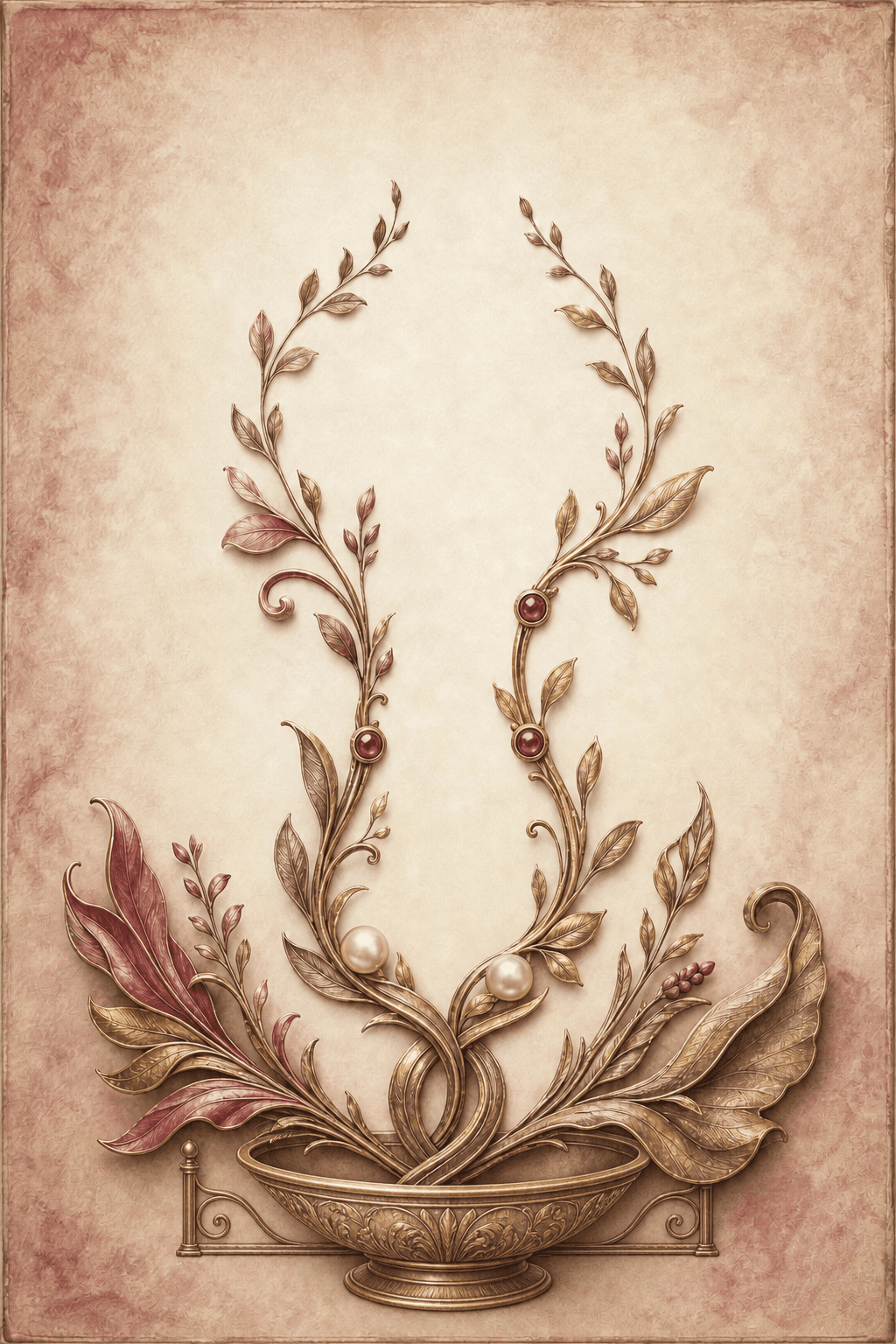 Finished illustrative anniversary study with two bronze botanical forms joining through a shared serving bowl, pearl accents, and restrained ruby inlays
