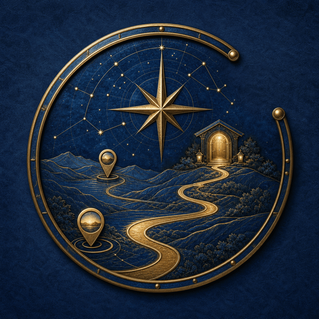 Finished illustrative migration study with an open sapphire medallion, two location markers, a winding path, homeward threshold, and guiding compass star